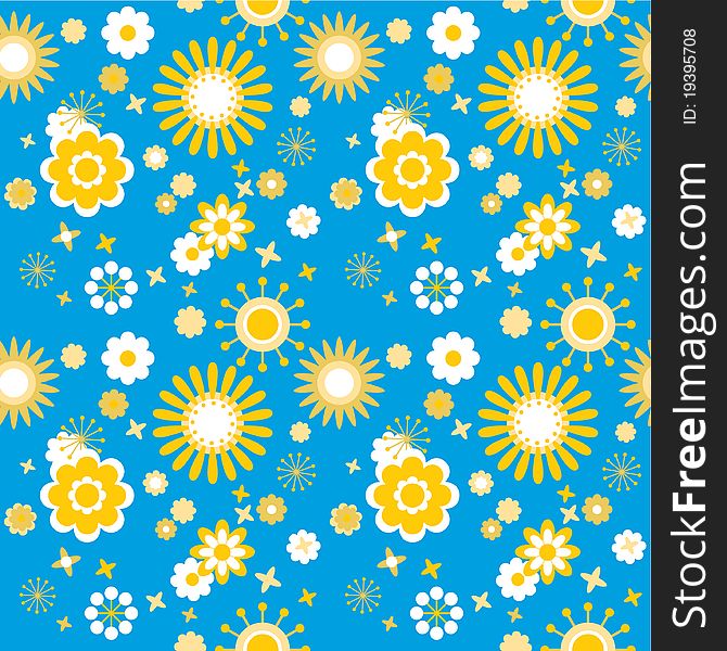 Seamless floral pattern with bright flowers at blue background. Seamless floral pattern with bright flowers at blue background