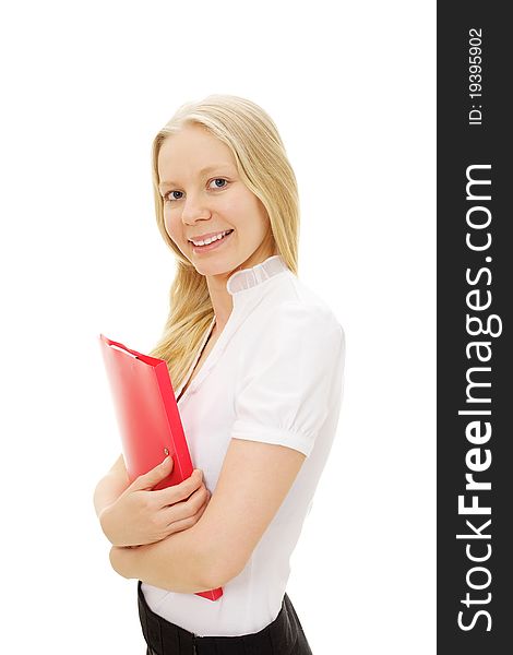 Smiling success blonde business woman standing and holding red folder. Smiling success blonde business woman standing and holding red folder.