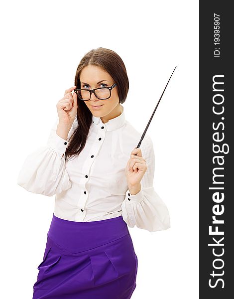 Beautiful woman in white blouse and violet skirt wearing glasses standing and holding pointer. Beautiful woman in white blouse and violet skirt wearing glasses standing and holding pointer.