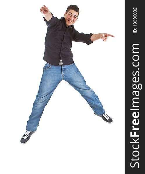 Young caucasian boy jumping in joy. Isolated over white background. Young caucasian boy jumping in joy. Isolated over white background.