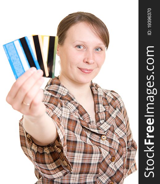 Girl with a debit card in hand