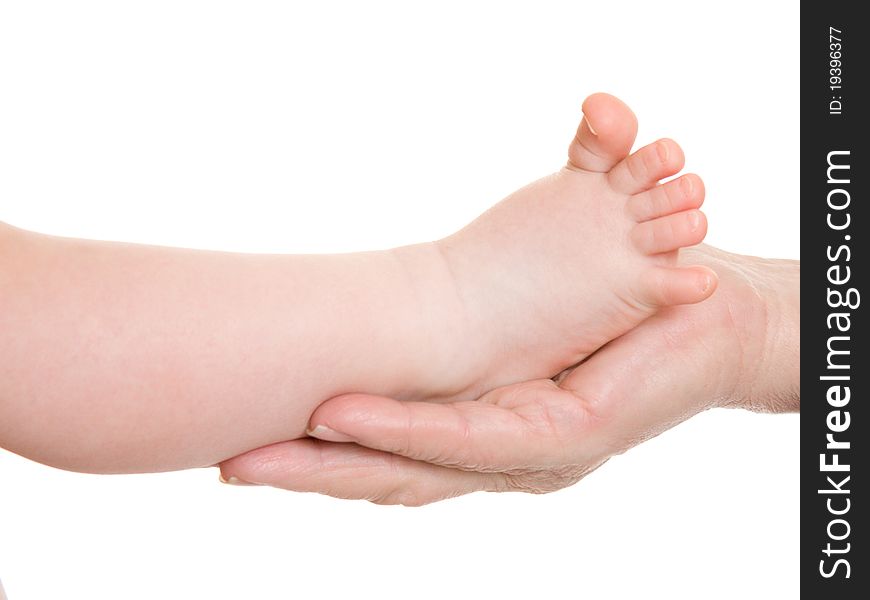 Leg and hand on a white background.