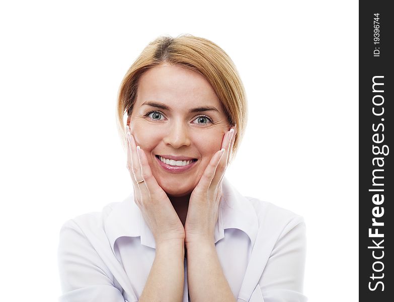 Business woman looking forward cheerfully. Business woman looking forward cheerfully