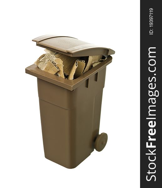 Recycling bin with cardboard paper isolated on white background