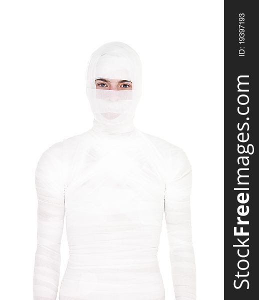 Mummified young Man isolated on white background