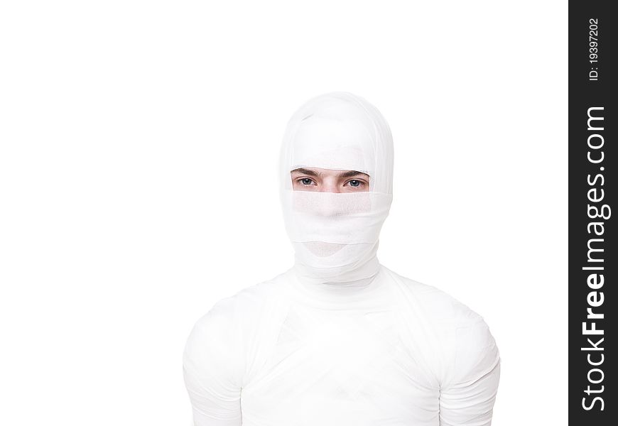 Mummified young Man isolated on white background