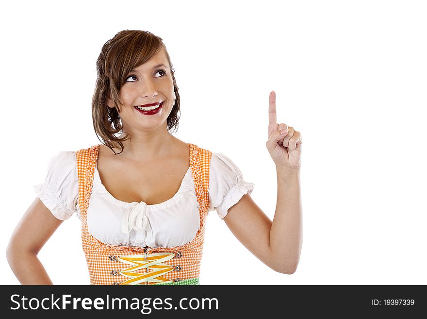 Woman In Oktoberfest Dirndl Points Up To Ad Space