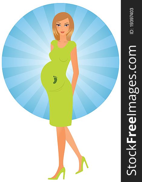 Young attractive pregnant woman in green dress and baby foot print. Young attractive pregnant woman in green dress and baby foot print