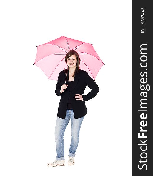 Young woman with umbrella isolated on white background