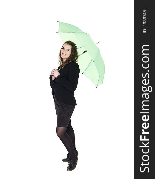 Young woman with umbrella isolated on white background