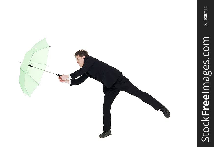 Young man with umbrella isolated on white background