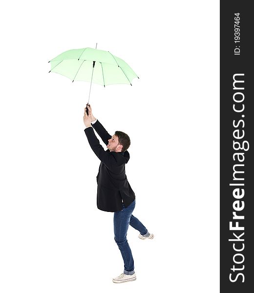 Young man with umbrella isolated on white background