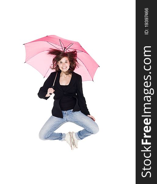 Jumping woman with umbrella isolated on white background