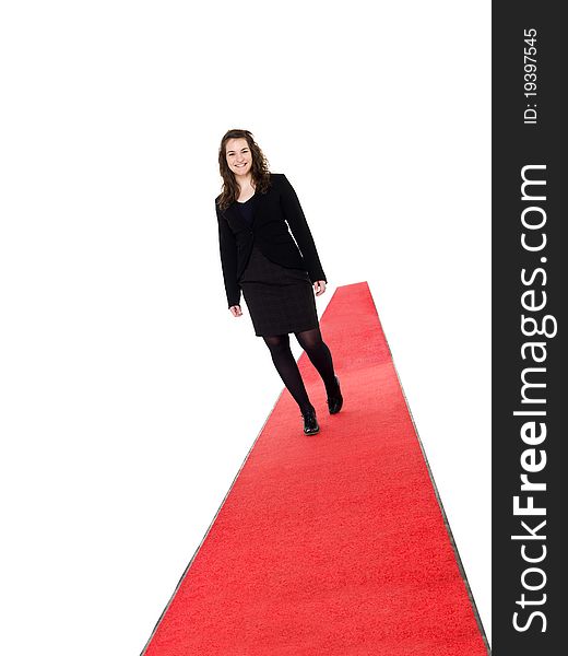 Smiling Girl Walking On Red Carpet