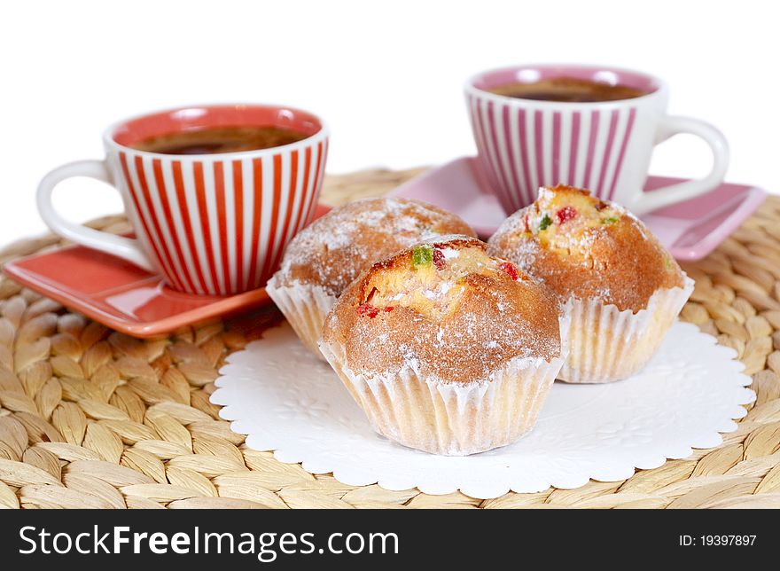 Coffee cup with cake isolated