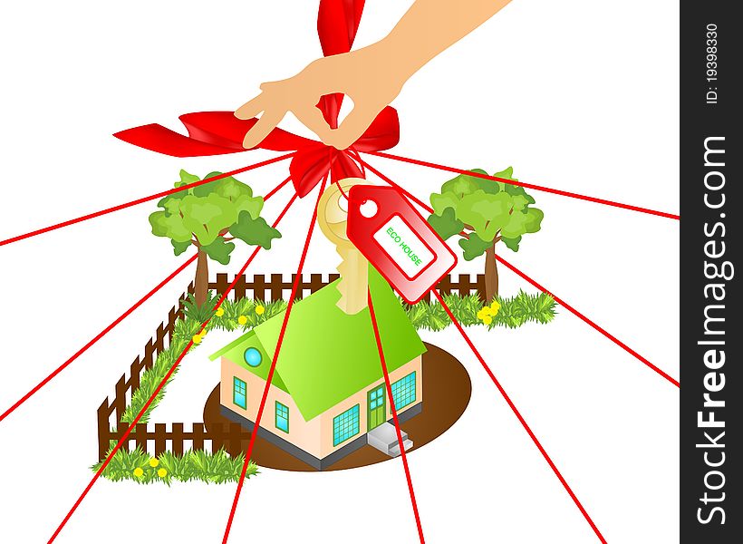 Hand giving an ecological house wrapped in red ribbons with tag and golden key, vector format. Hand giving an ecological house wrapped in red ribbons with tag and golden key, vector format