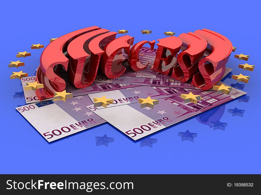 Two denominations face value in 500 euros on a blue background with 3d stars. Two denominations face value in 500 euros on a blue background with 3d stars