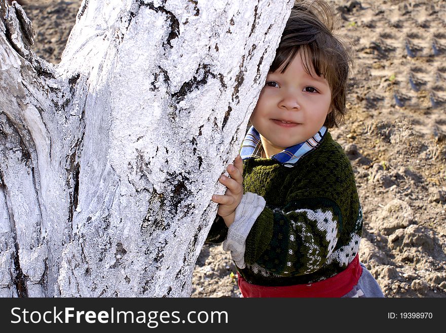 The child looks out because of a trunk of a fruit tree. The child looks out because of a trunk of a fruit tree.