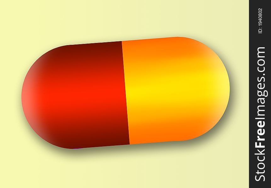 Pill capsule in red and orange colors on a white background (abstract)