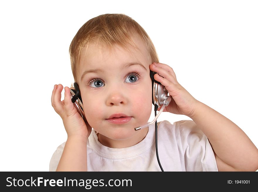 Baby with headphones on white. Baby with headphones on white