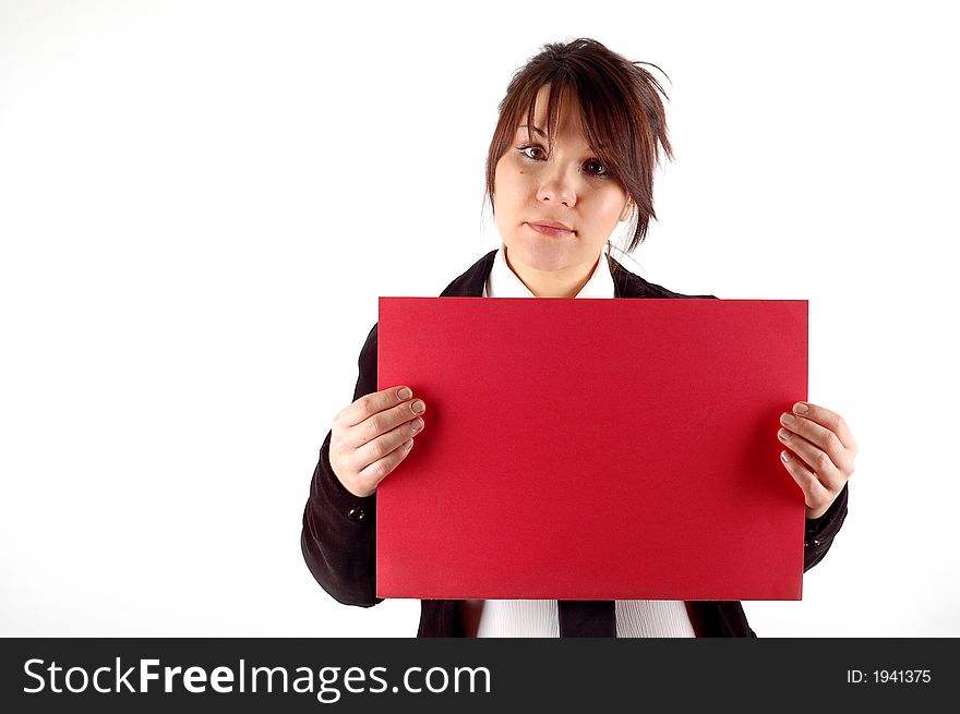 Attractive woman holding a blank banner on white background. Attractive woman holding a blank banner on white background