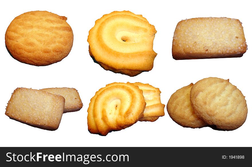 Six Types of cookies close up white Background