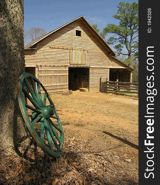 Barn with Wooden wagon wheel