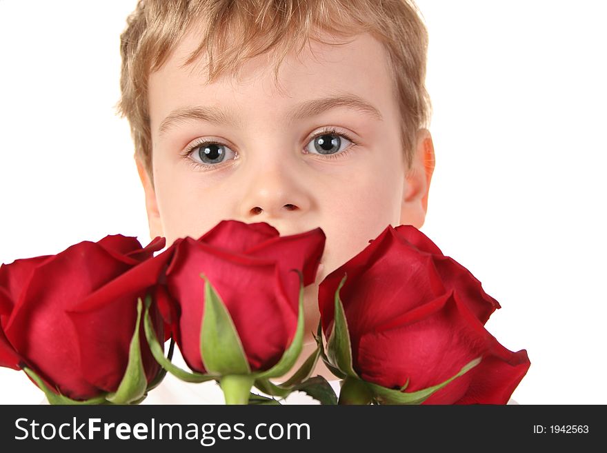 Boy with roses on the white