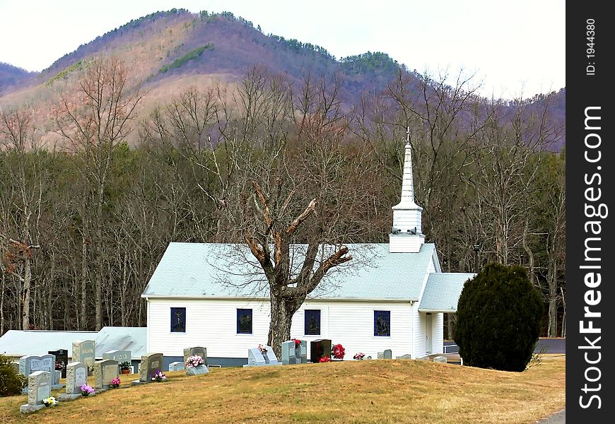 An rural country church in Virginia with beautiful mountain around.