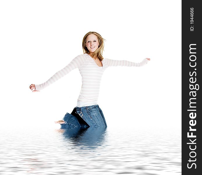 Pretty girl is jumping with joy in the bright white. Pretty girl is jumping with joy in the bright white