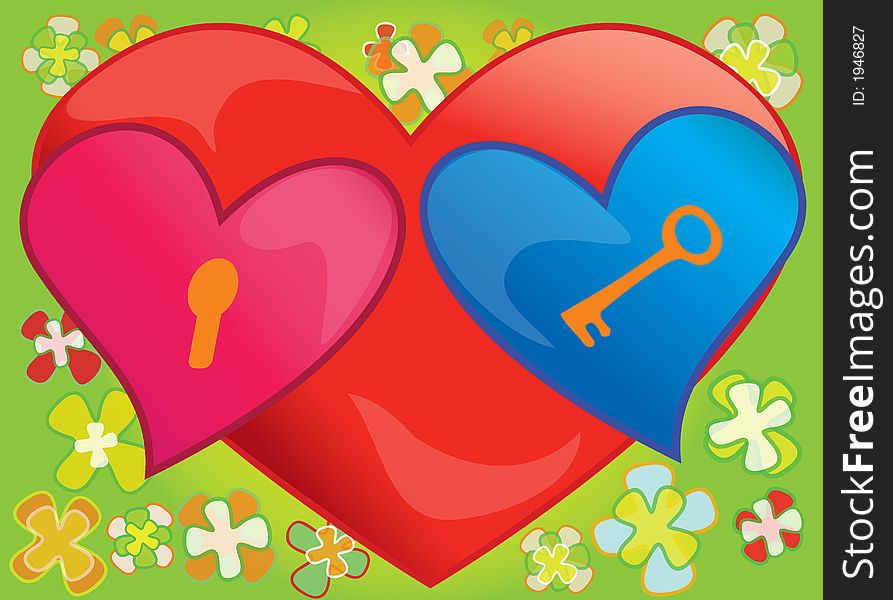 Two hearts completing each other,one being the key and the other one being the lock.On the background there is a bigger heart resembling a face wearing eyeglasses,and lots of flowers.