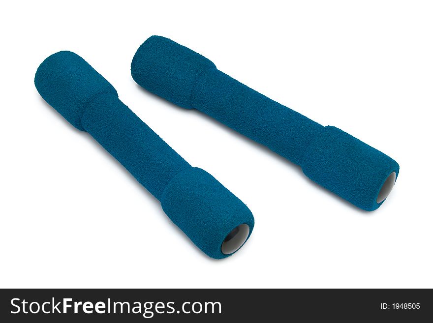 Two blue dumbbells, isolated on white background