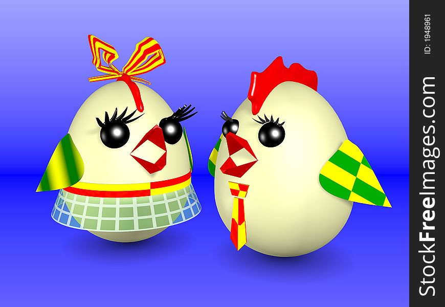 Easter eggs designed as hen and the rooster