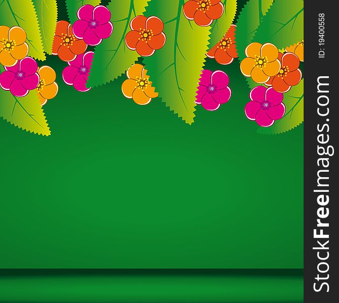 The green background with leaves and flowers. The green background with leaves and flowers