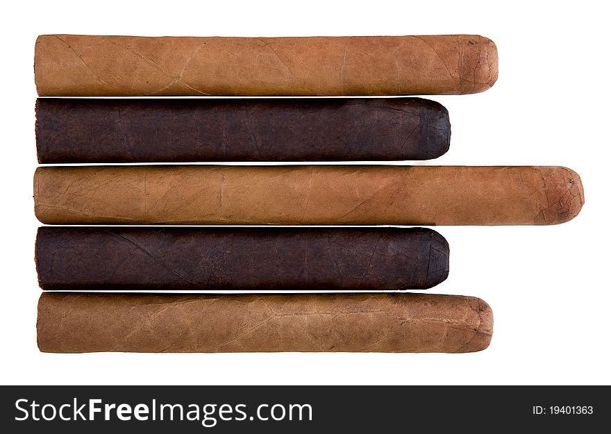Five cigars on a white background.