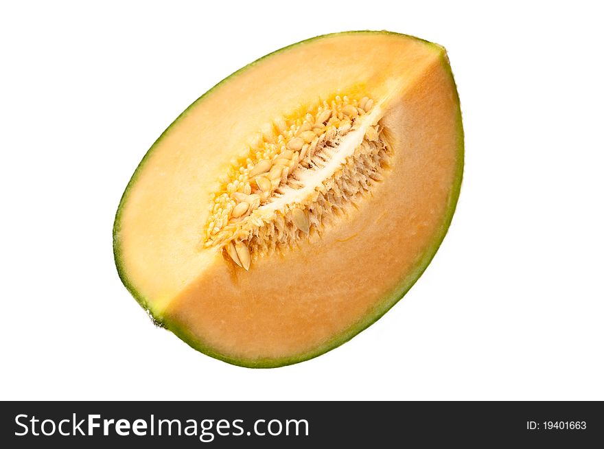 Front view of a melon slice isolated against a white background. Front view of a melon slice isolated against a white background