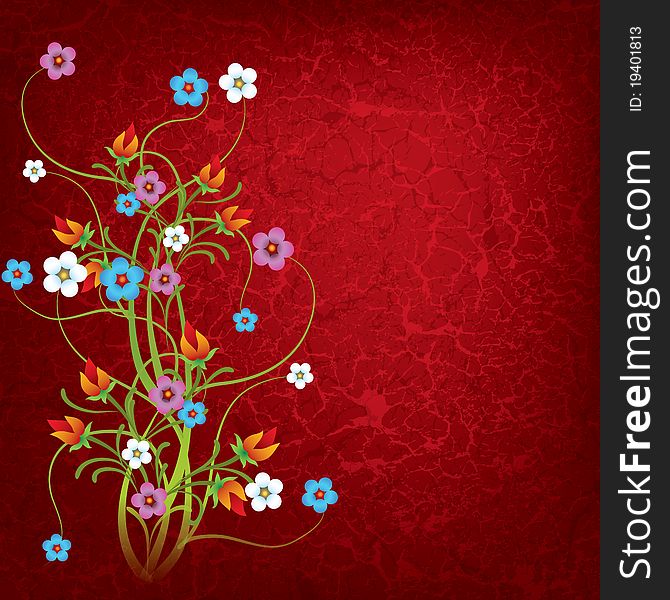 Abstract grunge floral background with flowers on dirty red. Abstract grunge floral background with flowers on dirty red