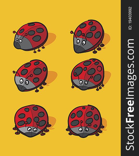 Lady bugs cartoon over yellow background, abstract vector art illustration