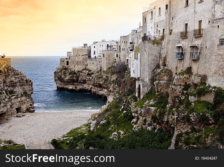 View of a cove in the village of Polignano a Mare, a village in Southern Italy, Apulia.