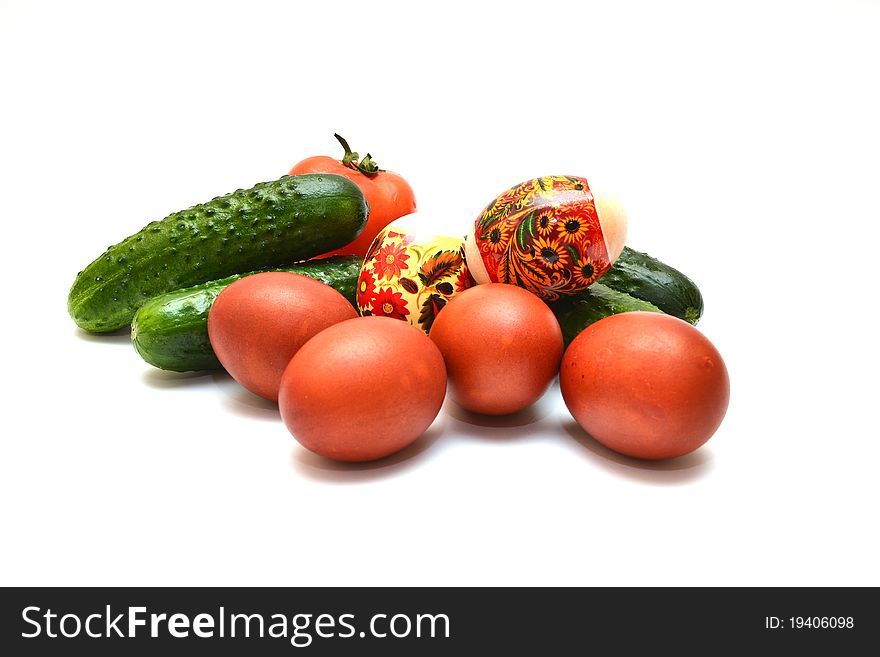 Photo of colored eggs and vegetables. Photo of colored eggs and vegetables