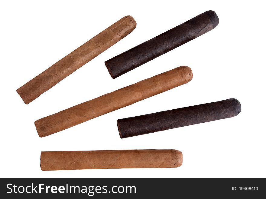 Five cigars on a white background.