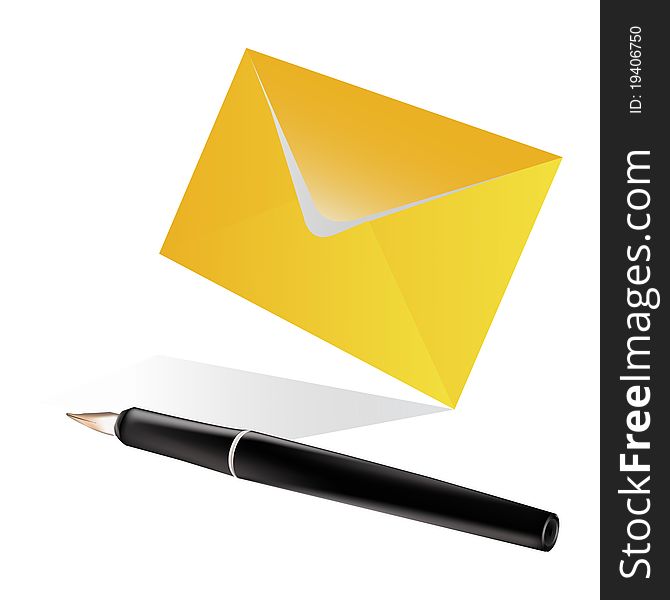 Post yellow envelope and the pen isolated on a white background. Post yellow envelope and the pen isolated on a white background