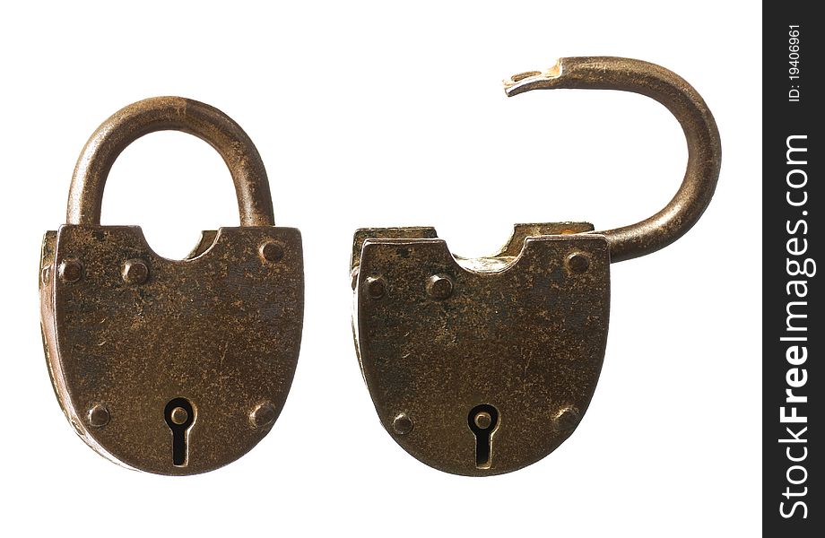 Two locks, locked and unlocked, isolated on a white background