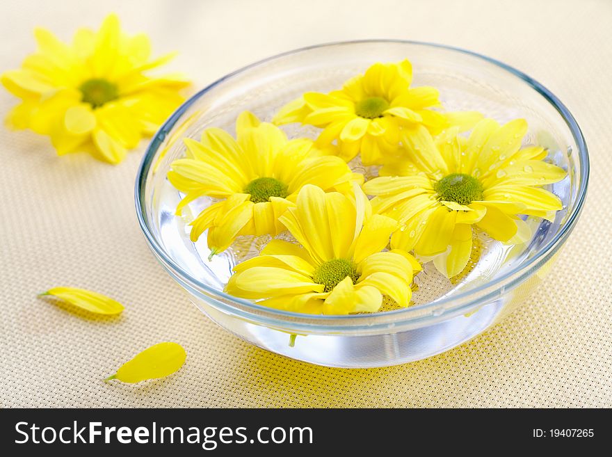 Yellow flowers in glass bowl