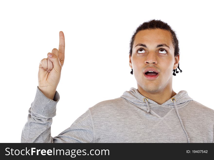 Young, african man pointing with finger up at copy space. Isolated on white background. Young, african man pointing with finger up at copy space. Isolated on white background.