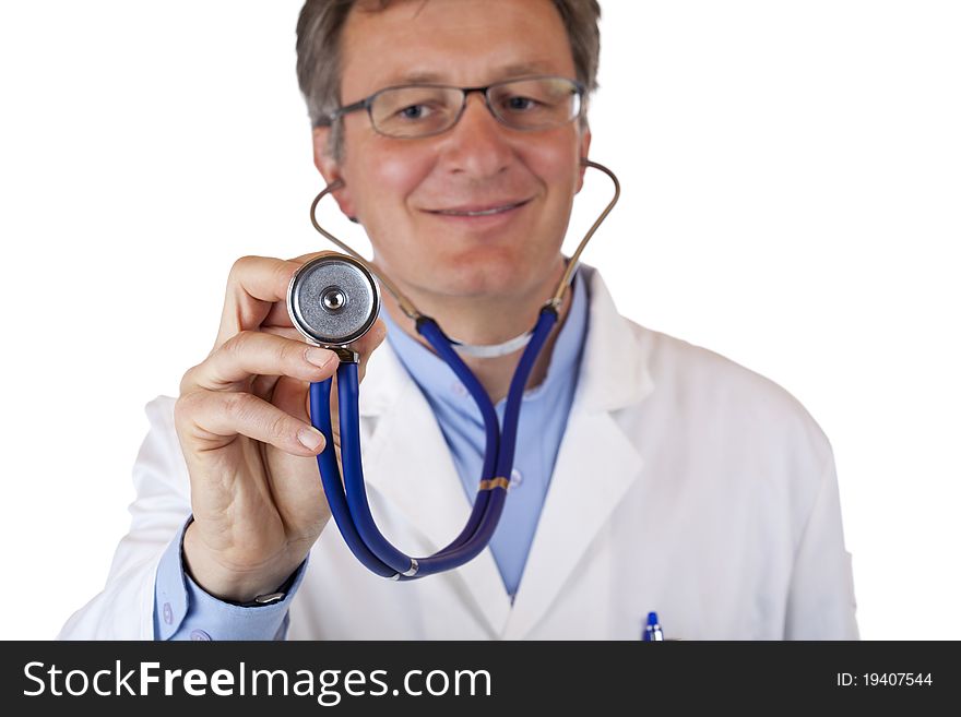 Closeup of a smiling doctor holding a stethoscope