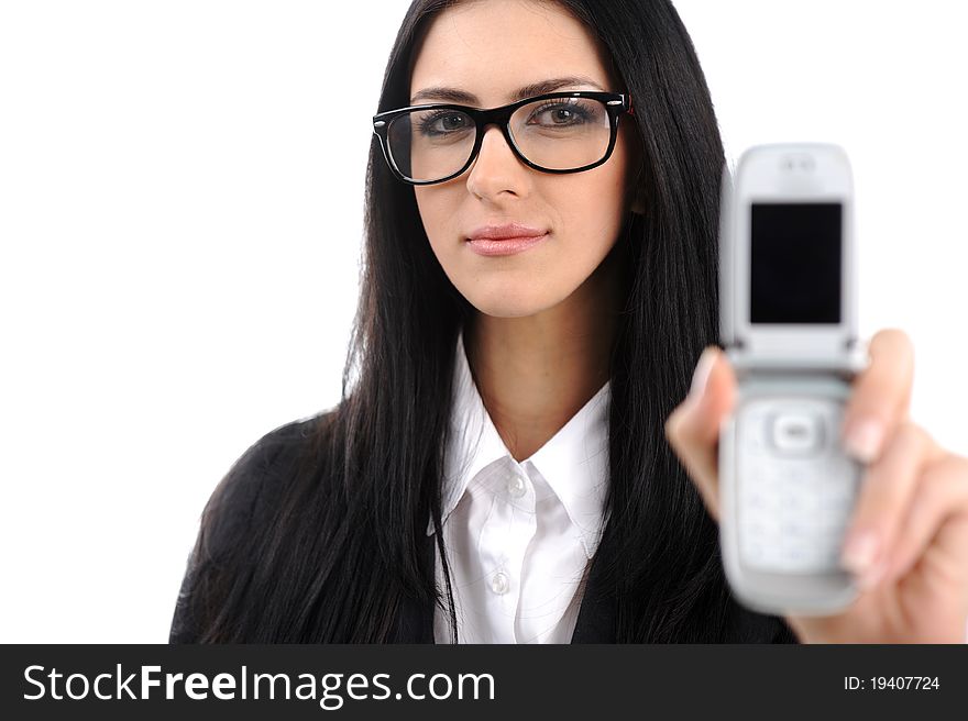 A lovely young woman with glasses showing mobile phone