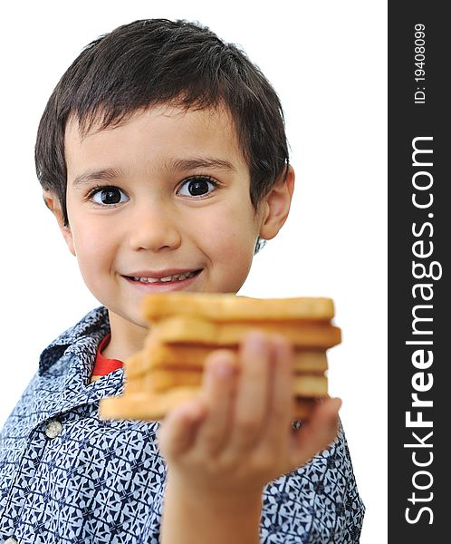 Kid with bread isolated in white