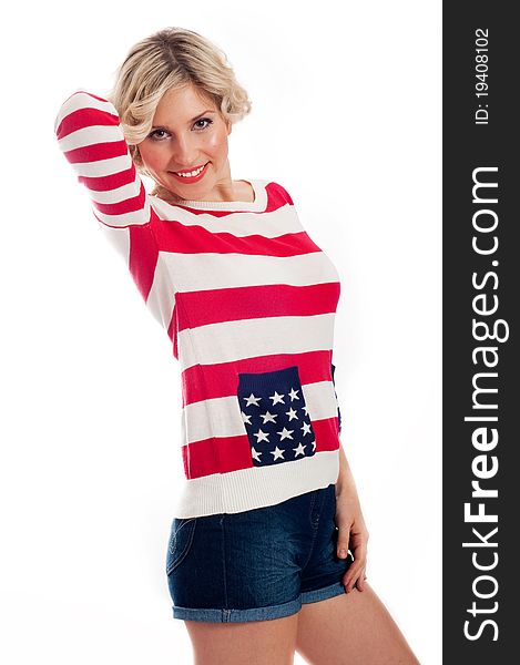 Young woman wearing the patriotic colors clothes