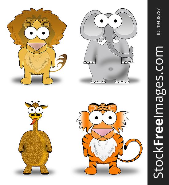 Four wild animals. lion, tiger, elephant, giraffe. drawn withcartoon style